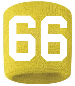 Number 66 Custom Yellow w/ White #'s Sweatband Wristband Embroidered Stitched