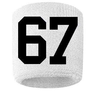 Number 67 Custom White w/ Black #'s Sweatband Wristband Embroidered Stitched