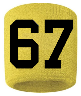 Number 67 Custom Yellow w/ Black #'s Sweatband Wristband Embroidered Stitched