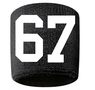Number 67 Custom Black w/ White #'s Sweatband Wristband Embroidered Stitched
