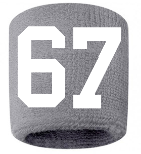 Number 67 Custom Gray w/ White #'s Sweatband Wristband Embroidered Stitched