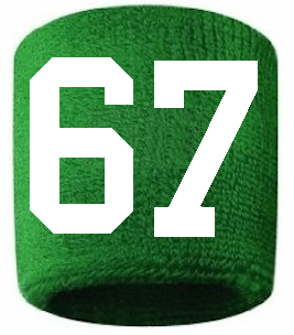 Number 67 Custom Green w/ White #'s Sweatband Wristband Embroidered Stitched