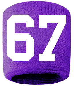 Number 67 Custom Purple w/ White #'s Sweatband Wristband Embroidered Stitched