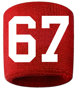 Number 67 Custom Red w/ White #'s Sweatband Wristband Embroidered Stitched