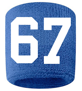 Number 67 Custom Royal Blue w/ White #'s Sweatband Wristband Embroidered Stitched