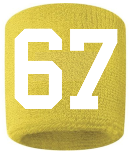 Number 67 Custom Yellow w/ White #'s Sweatband Wristband Embroidered Stitched