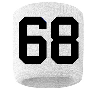 Number 68 Custom White w/ Black #'s Sweatband Wristband Embroidered Stitched