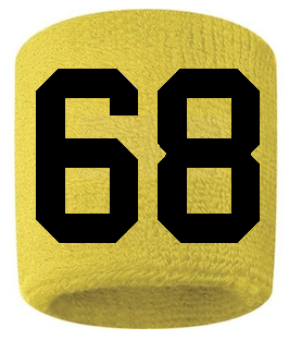 Number 68 Custom Yellow w/ Black #'s Sweatband Wristband Embroidered Stitched