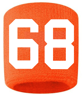 Number 68 Custom Orange w/ White #'s Sweatband Wristband Embroidered Stitched
