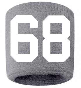 Number 68 Custom Gray w/ White #'s Sweatband Wristband Embroidered Stitched