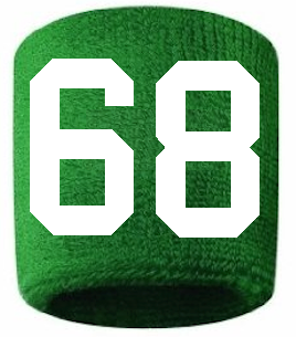 Number 68 Custom Green w/ White #'s Sweatband Wristband Embroidered Stitched