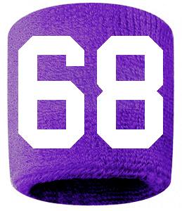 Number 68 Custom Purple w/ White #'s Sweatband Wristband Embroidered Stitched