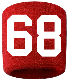Number 68 Custom Red w/ White #'s Sweatband Wristband Embroidered Stitched