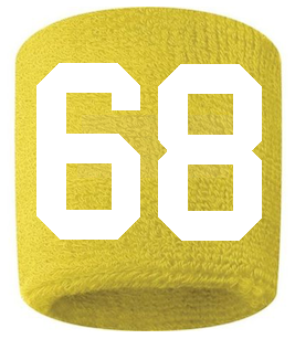 Number 68 Custom Yellow w/ White #'s Sweatband Wristband Embroidered Stitched