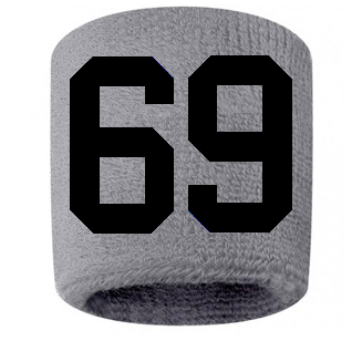 Number 69 Custom Gray w/ Black #'s Sweatband Wristband Embroidered Stitched