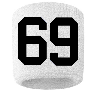 Number 69 Custom White w/ Black #'s Sweatband Wristband Embroidered Stitched