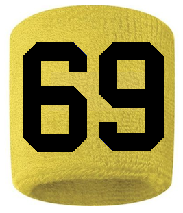 Number 69 Custom Yellow w/ Black #'s Sweatband Wristband Embroidered Stitched