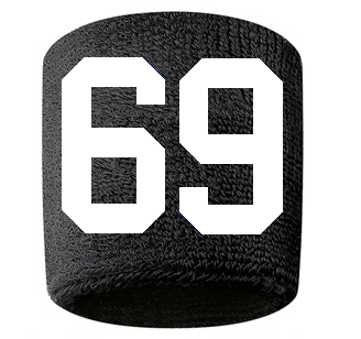 Number 69 Custom Black w/ White #'s Sweatband Wristband Embroidered Stitched