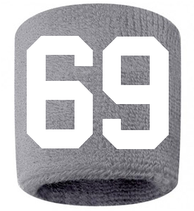 Number 69 Custom Gray w/ White #'s Sweatband Wristband Embroidered Stitched