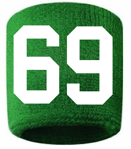 Number 69 Custom Green w/ White #'s Sweatband Wristband Embroidered Stitched