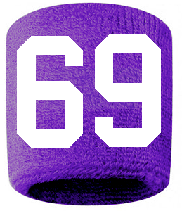 Number 69 Custom Purple w/ White #'s Sweatband Wristband Embroidered Stitched