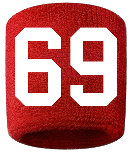 Number 69 Custom Red w/ White #'s Sweatband Wristband Embroidered Stitched