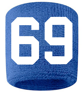 Number 69 Custom Royal Blue w/ White #'s Sweatband Wristband Embroidered Stitched
