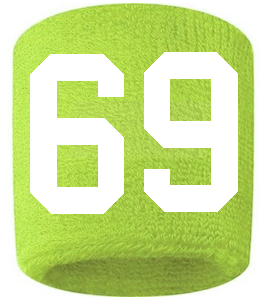 Number 69 Custom Volt Neon Lime Green w/ White #'s Sweatband Wristband Embroidered Stitched