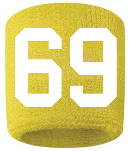Number 69 Custom Yellow w/ White #'s Sweatband Wristband Embroidered Stitched