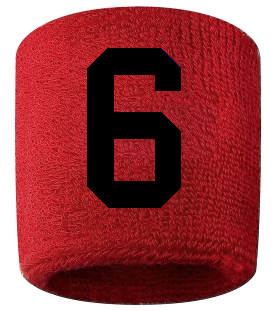 Number 6 Custom Red w/ Black #'s Sweatband Wristband Embroidered Stitched