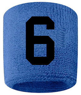 Number 6 Custom Royal Blue w/ Black #'s Sweatband Wristband Embroidered Stitched
