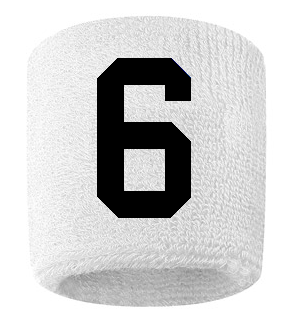 Number 6 Custom White w/ Black #'s Sweatband Wristband Embroidered Stitched
