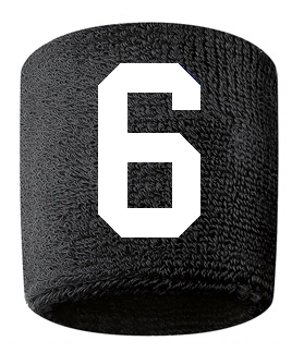Number 6 Custom Black w/ White #'s Sweatband Wristband Embroidered Stitched