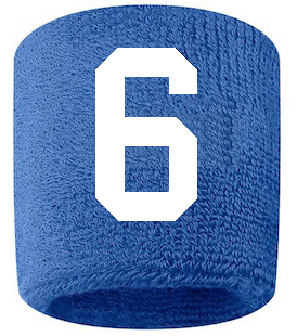 Number 6 Custom Royal Blue w/ White #'s Sweatband Wristband Embroidered Stitched