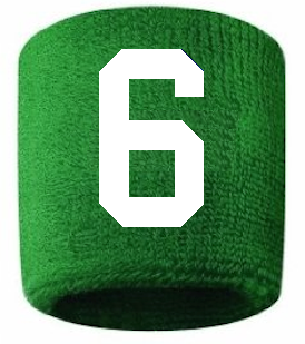 Number 6 Custom Green w/ White #'s Sweatband Wristband Embroidered Stitched
