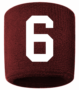 Number 6 Custom Maroon w/ White #'s Sweatband Wristband Embroidered Stitched