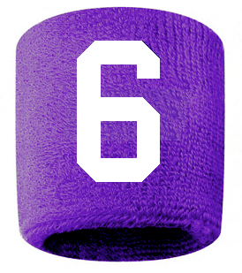 Number 6 Custom Purple w/ White #'s Sweatband Wristband Embroidered Stitched