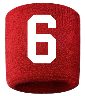Number 6 Custom Red w/ White #'s Sweatband Wristband Embroidered Stitched