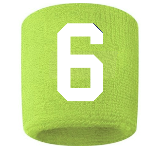 Number 6 Custom Volt Neon Lime Green w/ White #'s Sweatband Wristband Embroidered Stitched