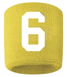 Number 6 Custom Yellow w/ White #'s Sweatband Wristband Embroidered Stitched