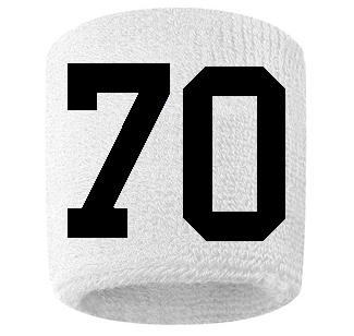 Number 70 Custom White w/ Black #'s Sweatband Wristband Embroidered Stitched