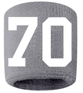 Number 70 Custom Gray w/ White #'s Sweatband Wristband Embroidered Stitched