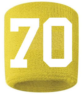 Number 70 Custom Yellow w/ White #'s Sweatband Wristband Embroidered Stitched