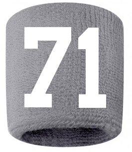 Number 71 Custom Gray w/ White #'s Sweatband Wristband Embroidered Stitched