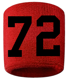 Number 72 Custom Red w/ Black #'s Sweatband Wristband Embroidered Stitched