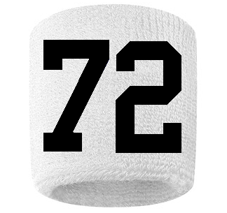 Number 72 Custom White w/ Black #'s Sweatband Wristband Embroidered Stitched