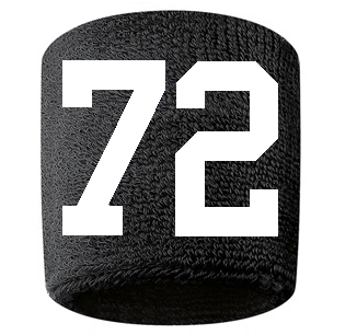 Number 72 Custom Black w/ White #'s Sweatband Wristband Embroidered Stitched