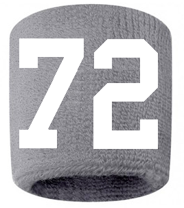 Number 72 Custom Gray w/ White #'s Sweatband Wristband Embroidered Stitched