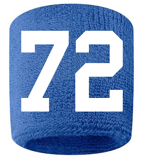 Number 72 Custom Royal Blue w/ White #'s Sweatband Wristband Embroidered Stitched