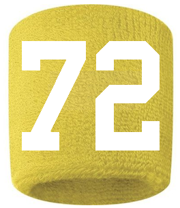 Number 72 Custom Yellow w/ White #'s Sweatband Wristband Embroidered Stitched